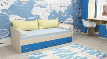 Кровать с выкатными ящиками Дуб молочный/Голубой в Минусинске - minusinsk.mebel54.com | фото