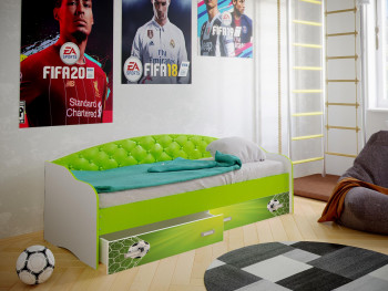 Кровать Софа-8 с мягкой спинкой фотопечать Футбол (900х1900) Белый/Лайм в Минусинске - minusinsk.mebel54.com | фото